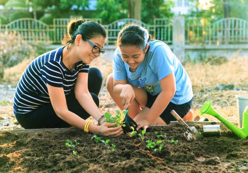 Mother and daughter planting garden